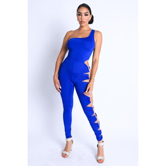 Womens Asymmetric One Shoulder Cut Out Bodycon Jumpsuit Club Party Sexy Jumpsuit - Picture 3 of 10